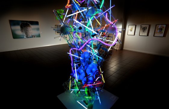 Andela Andea, “Hyperion,” 2012. Cold Cathode fluorescent lights, caomputer power source, LED computer fans, flex neon, plexiglass, various plastics.