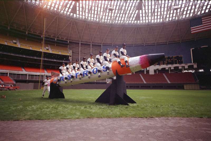 This file photo from the April 12, 1965 Houston Post included a caption that offered a voice from another era: “It is purely symbolic, of course, but Manager Luman Harris hopes to send his Houston Astros into space this season — or at least to an altitude beyond last year's ninth place finish in the National League. The Astros open the 1965 season Monday night at the Domed Stadium against the Philadelphia Phillies, and carrying the payload will be these nine starters: From left, Bob Bruce, pitcher; John Bateman, catcher; Bob Lillis, shortstop; Jimmy Wynn, centerfield; Bob Aspromonte, third base; Walt Bond, first base; Rusty Staub, right field; Al Spangler, left field, and Joe Morgan, second base. Manager Harris puts the torch to the Astrorocket, bound — he hopes — for a higher finish.”