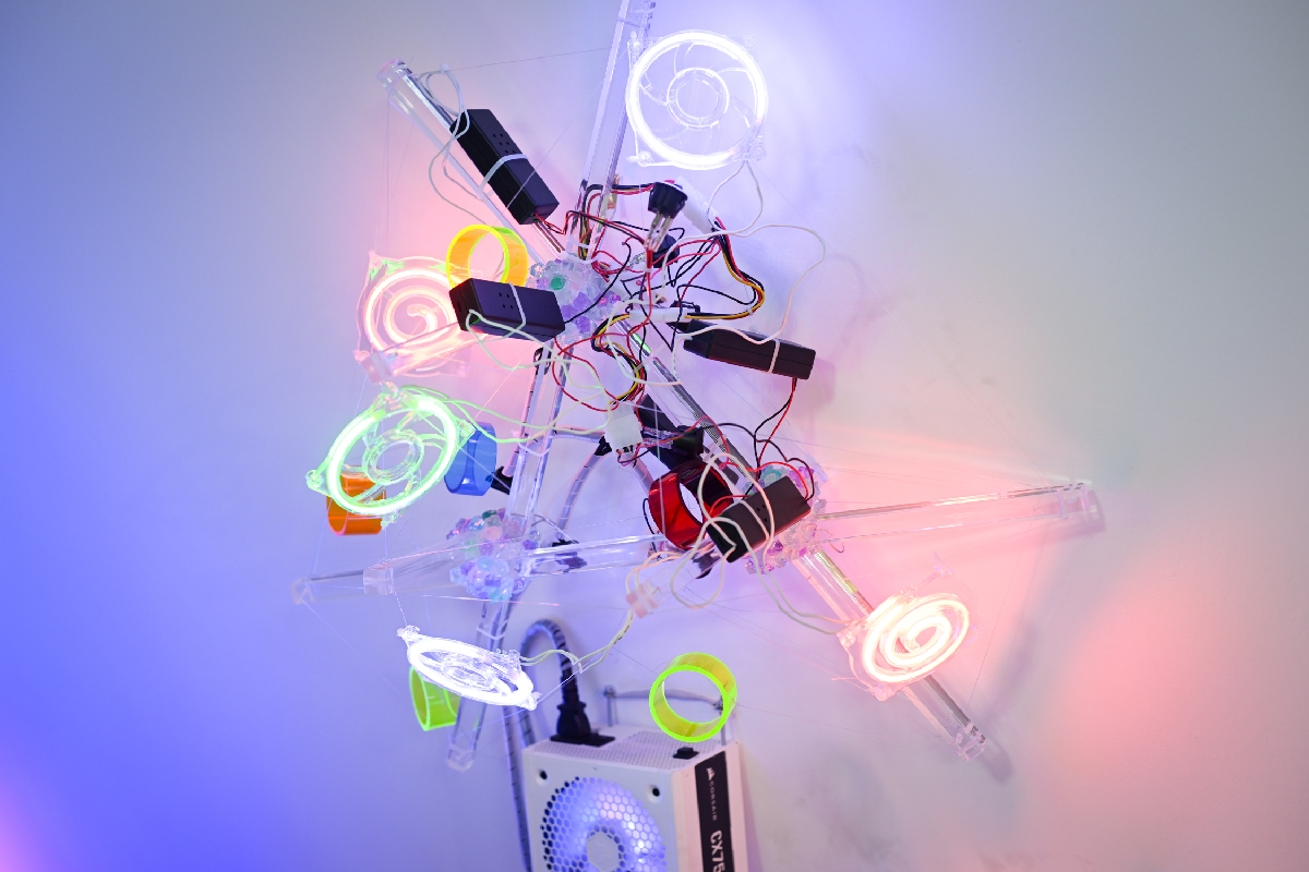 Glass rods that have other colorful neon swirls and circles attached to them.