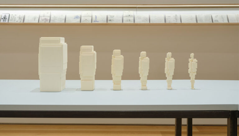 An installation image of six small sculptural models by Antony Gormley.